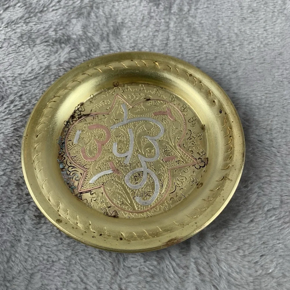 Vintage Engraved Inlaid Small Plate Tray Decorative Copper Brass Silver Patina